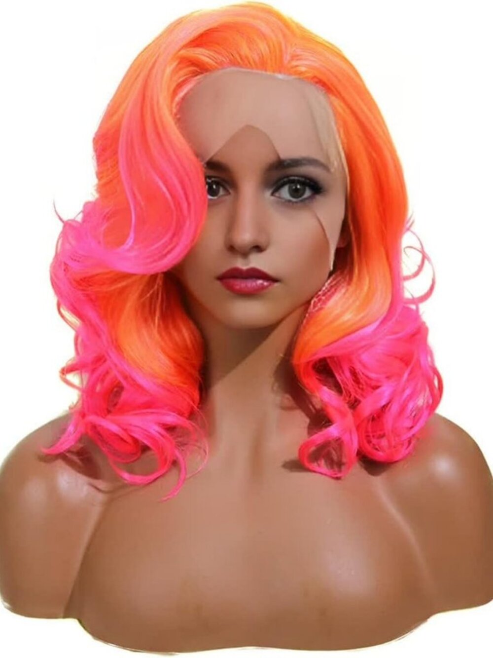 Wiginway Orange Pink Synthetic Lace Front Wig With Side Parting 14 Inch Drag